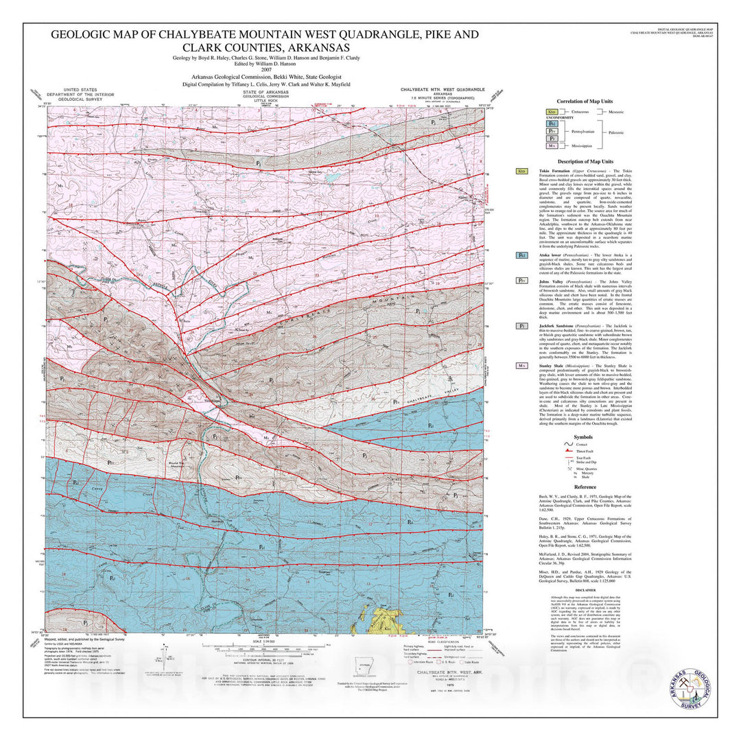 Map : Geologic map of the Chalybeate Mountain West Quadrangle, Pike and Clark counties, Arkansas, 2007 Cartography Wall Art :