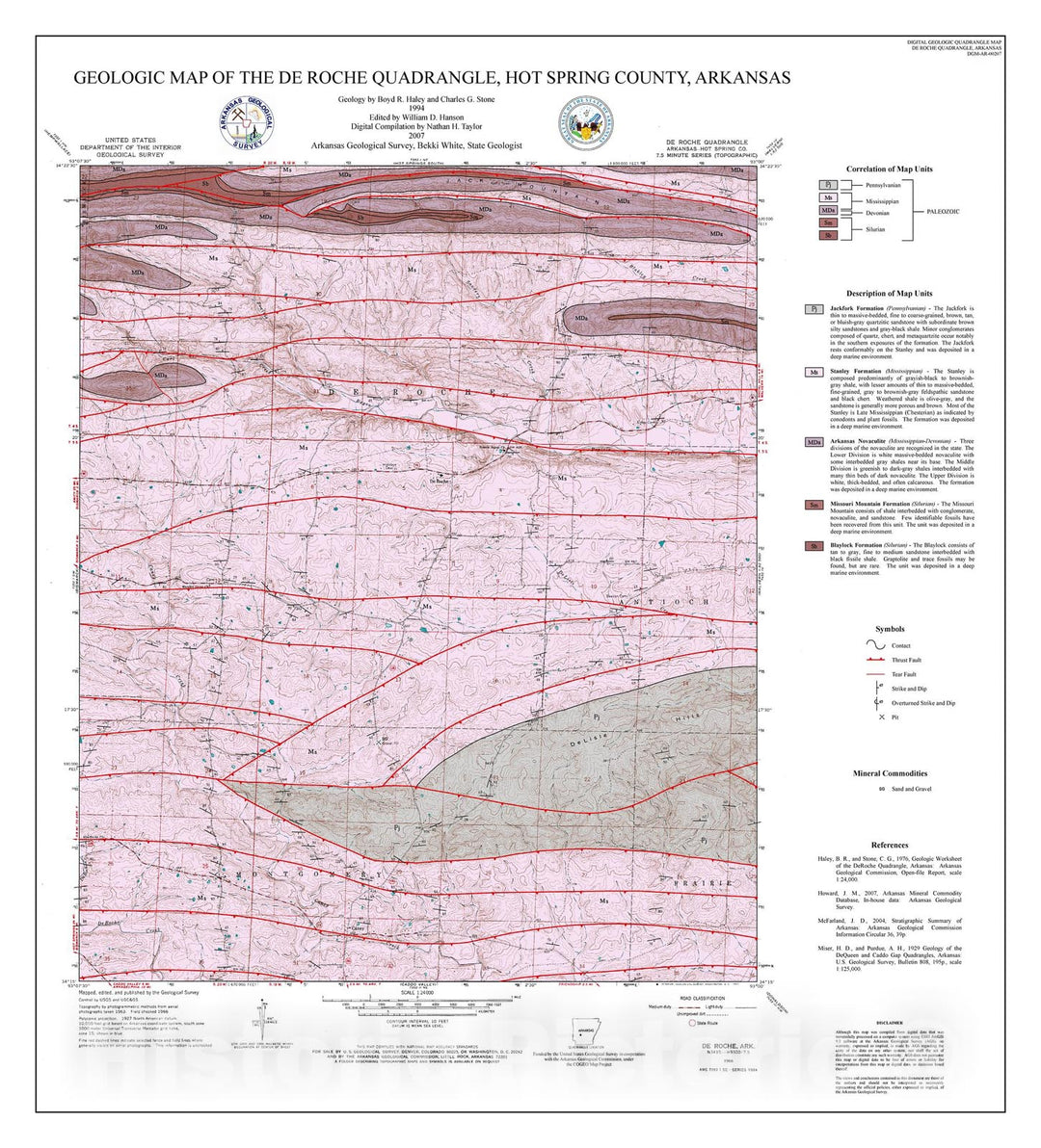 Map : Geologic map of the De Roche Quadrangle, Hot Spring County, Arkansas, 2007 Cartography Wall Art :