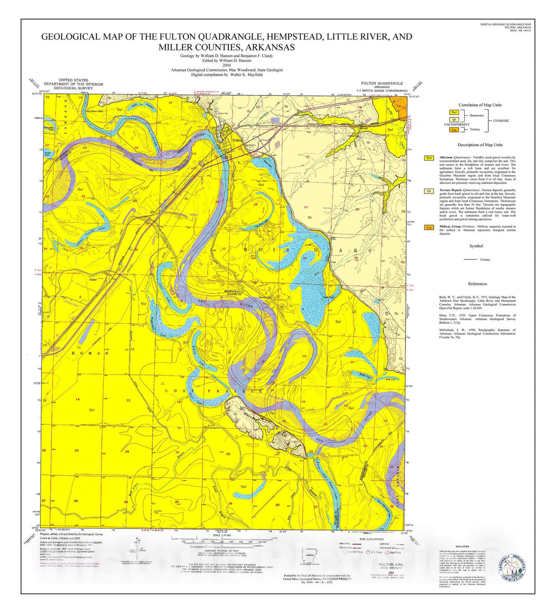 Map : Geological map of the Fulton Quadrangle, Hempstead, Little River, and Miller counties, Arkansas, 2004 Cartography Wall Art :