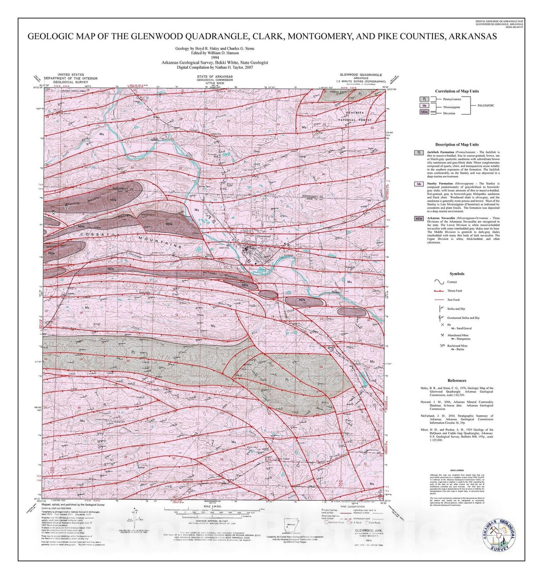 Map : Geologic map of the Glenwood Quadrangle, Clark, Montgomery, and Pike counties, Arkansas, 2007 Cartography Wall Art :