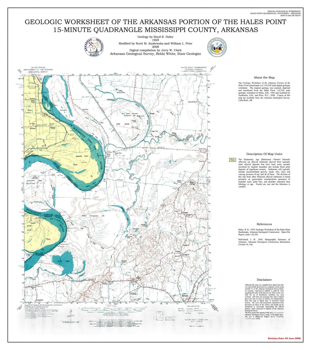 Map : Geologic worksheet of the Arkansas portion of the Hales Point 15-minute Quadrangle, Mississippi County, Arkansas, 2008 Cartography Wall Art :