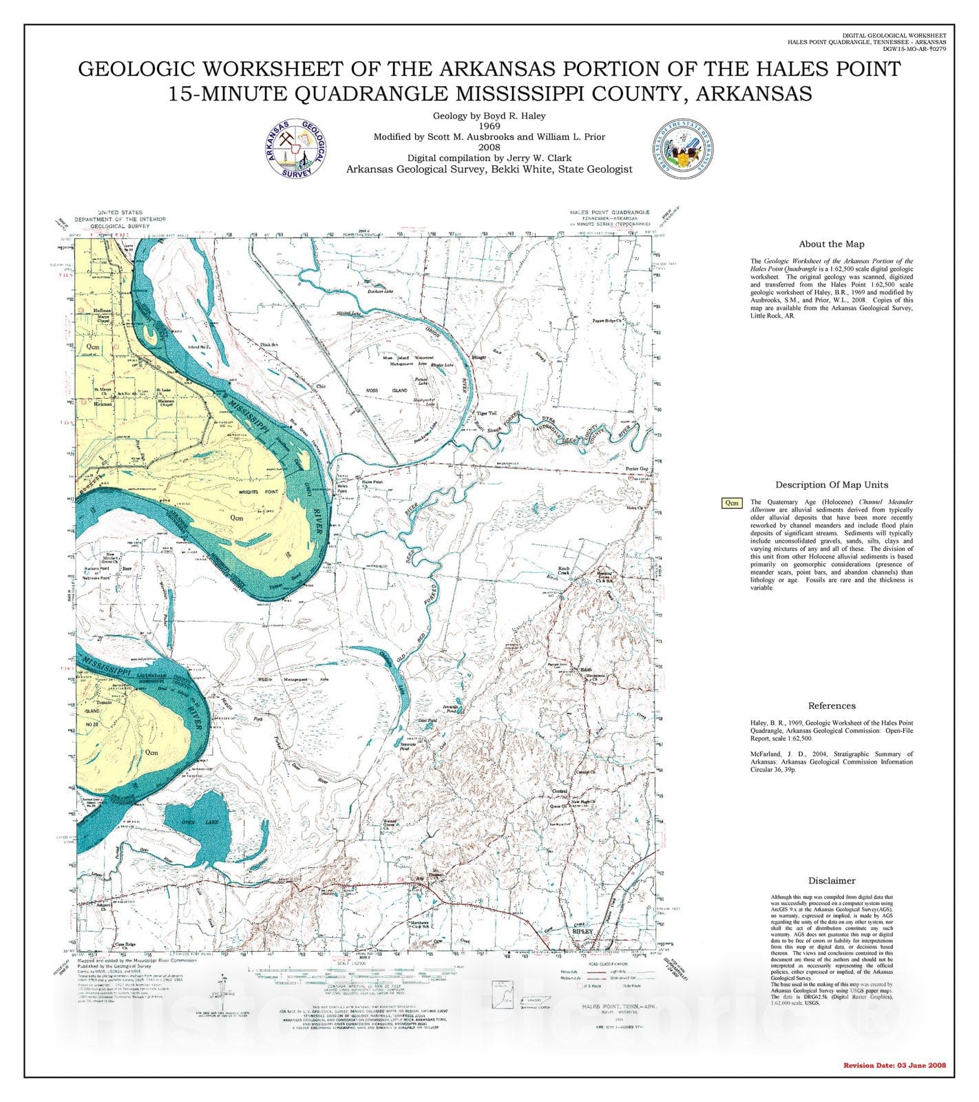 Map : Geologic worksheet of the Arkansas portion of the Hales Point 15-minute Quadrangle, Mississippi County, Arkansas, 2008 Cartography Wall Art :