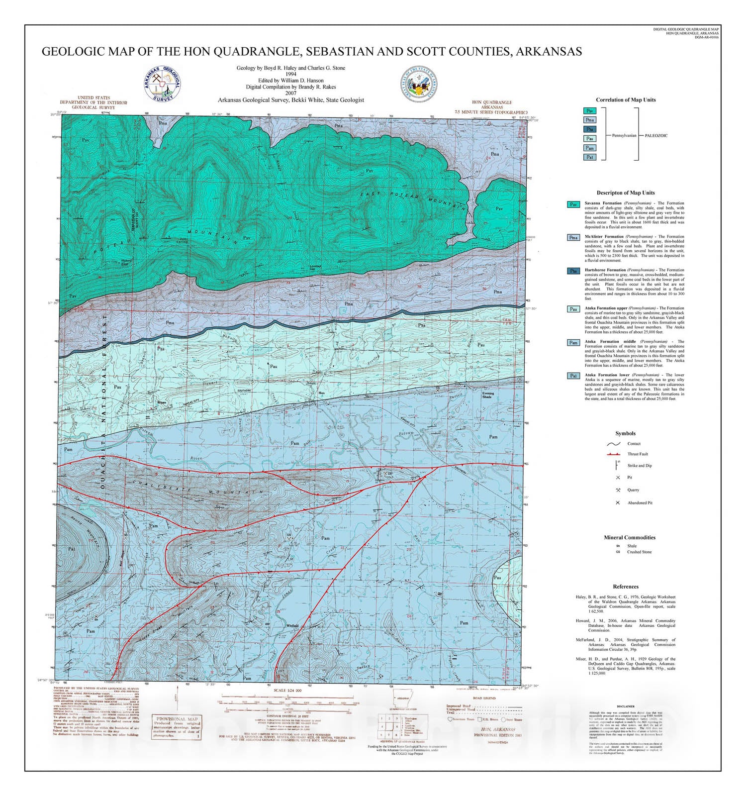 Map : Geologic map of the Hon Quadrangle, Sebastian and Scott counties, Arkansas, 2007 Cartography Wall Art :