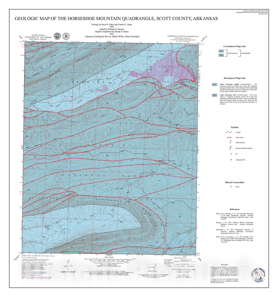 Map : Geologic map of the Horseshoe Mountain Quadrangle, Scott County, Arkansas, 2007 Cartography Wall Art :