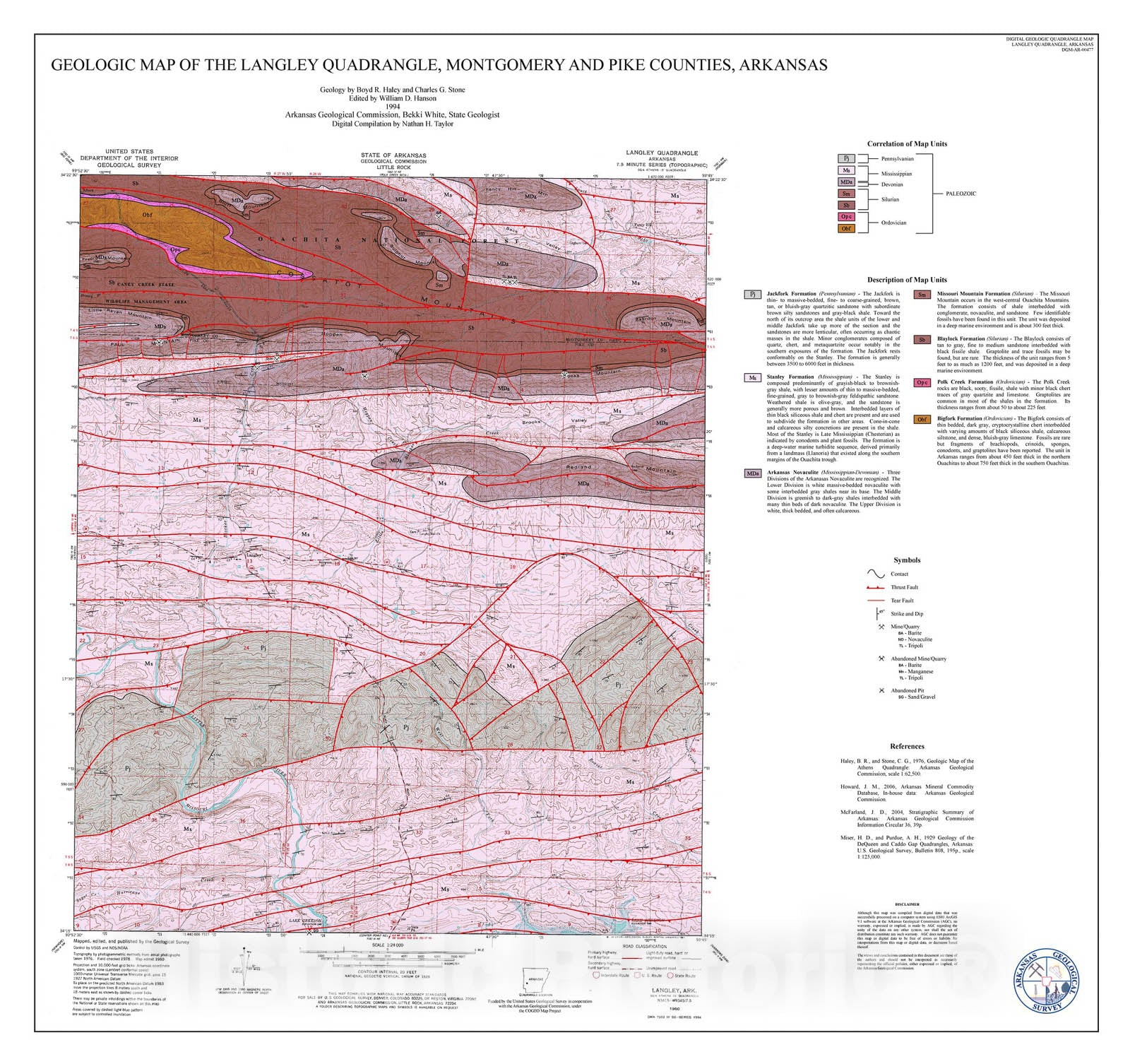 Map : Geologic map of the Langley Quadrangle, Montgomery, and Pike counties, Arkansas, 1994 Cartography Wall Art :