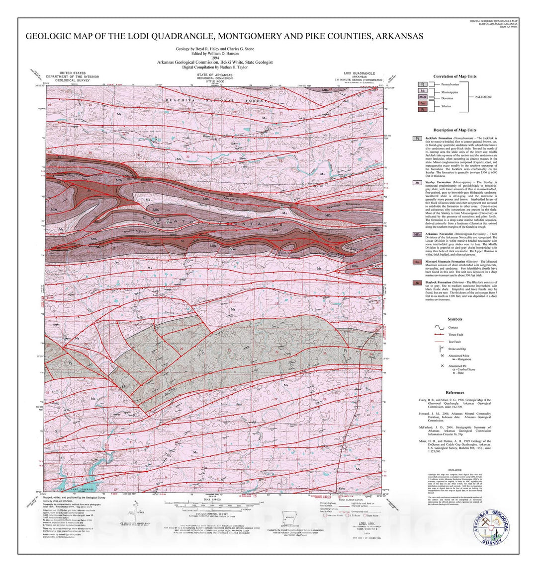 Map : Geologic map of the Lodi Quadrangle, Montgomery and Pike counties, Arkansas, 1994 Cartography Wall Art :