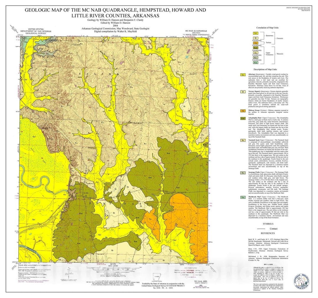 Map : Geologic map of the McNab Quadrangle, Hempstead, Howard, and Little River counties, Arkansas, 2004 Cartography Wall Art :