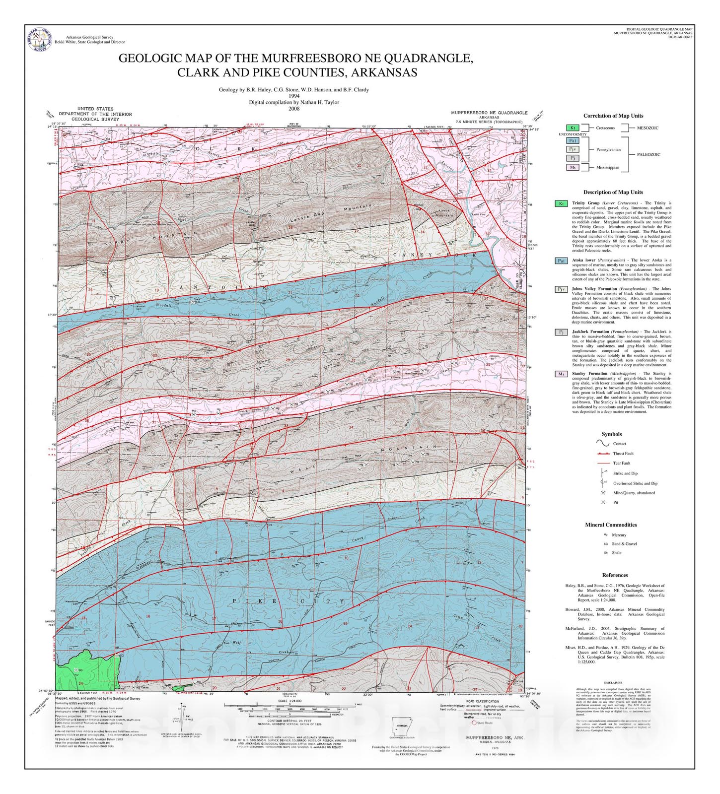 Map : Geologic map of the Murfreesboro NE Quadrangle, Clark and Pike counties, Arkansas, 2008 Cartography Wall Art :