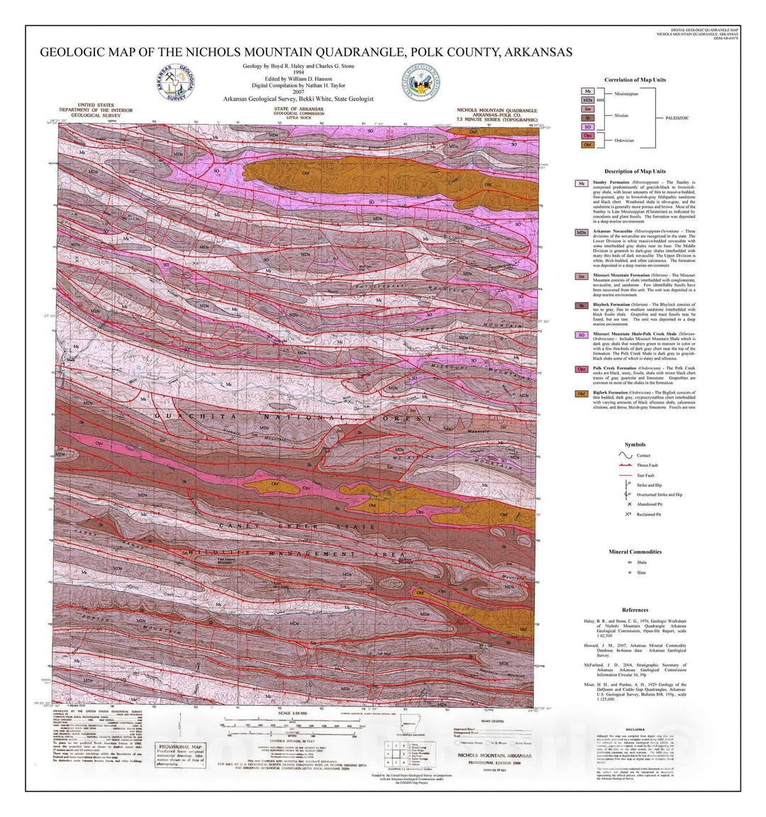 Map : Geologic map of the Nichols Mountain Quadrangle, Polk County, Arkansas, 2007 Cartography Wall Art :