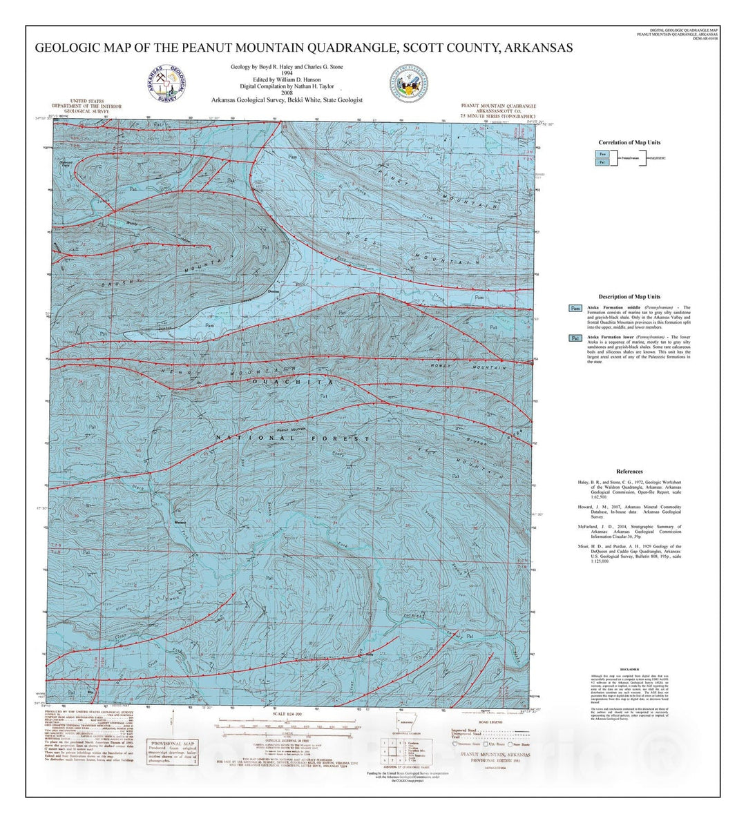 Map : Geologic map of the Peanut Mountain Quadrangle, Scott County, Arkansas, 2008 Cartography Wall Art :