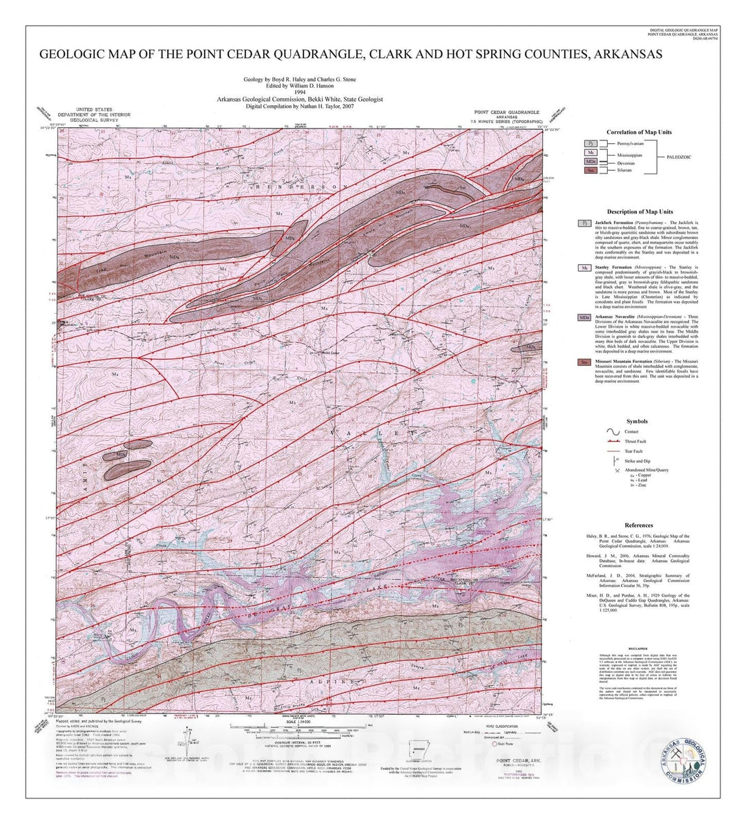 Map : Geologic map of the Point Cedar Quadrangle, Scott and Hot Spring counties, Arkansas, 2007 Cartography Wall Art :