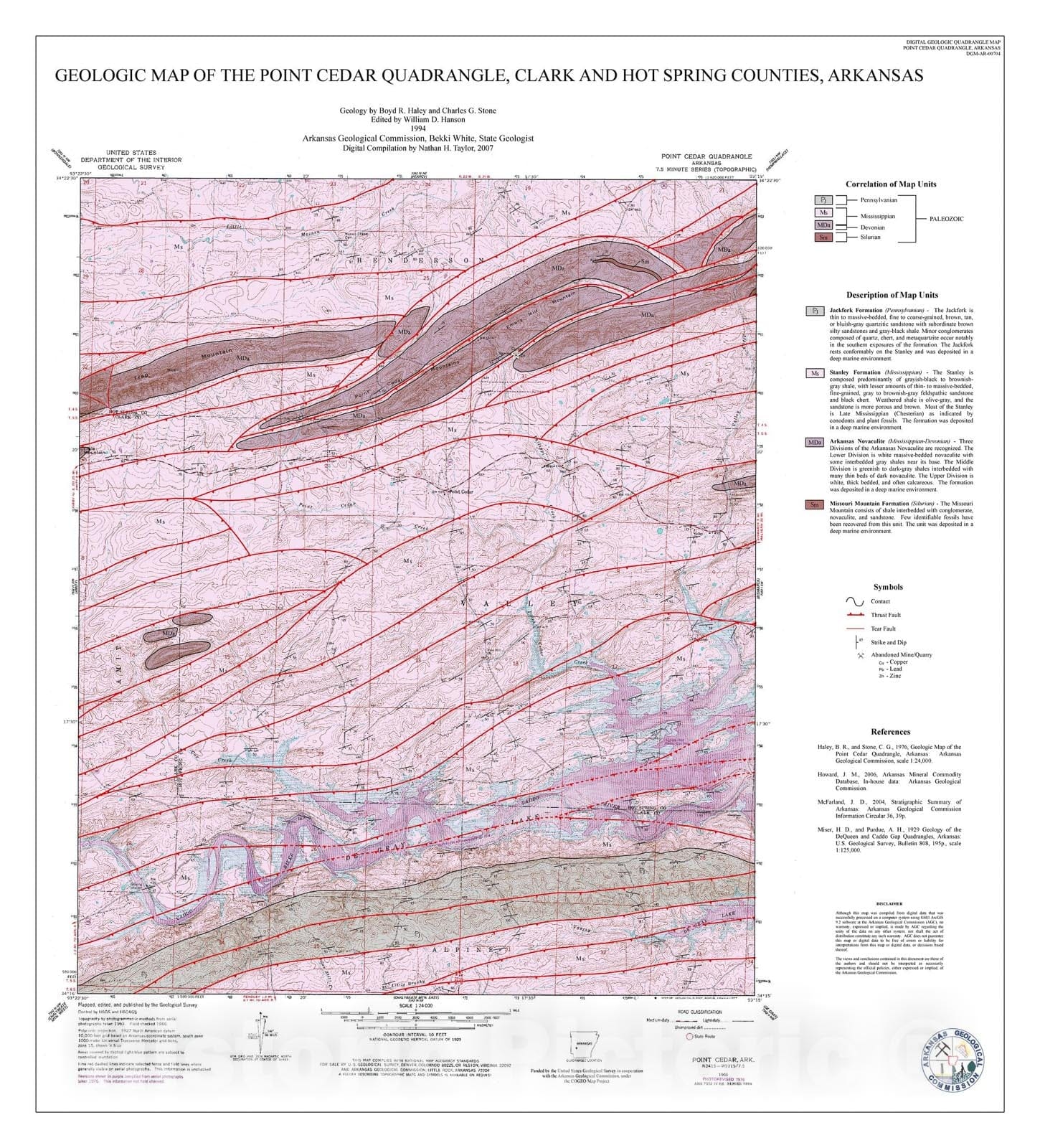 Map : Geologic map of the Point Cedar Quadrangle, Scott and Hot Spring counties, Arkansas, 2007 Cartography Wall Art :