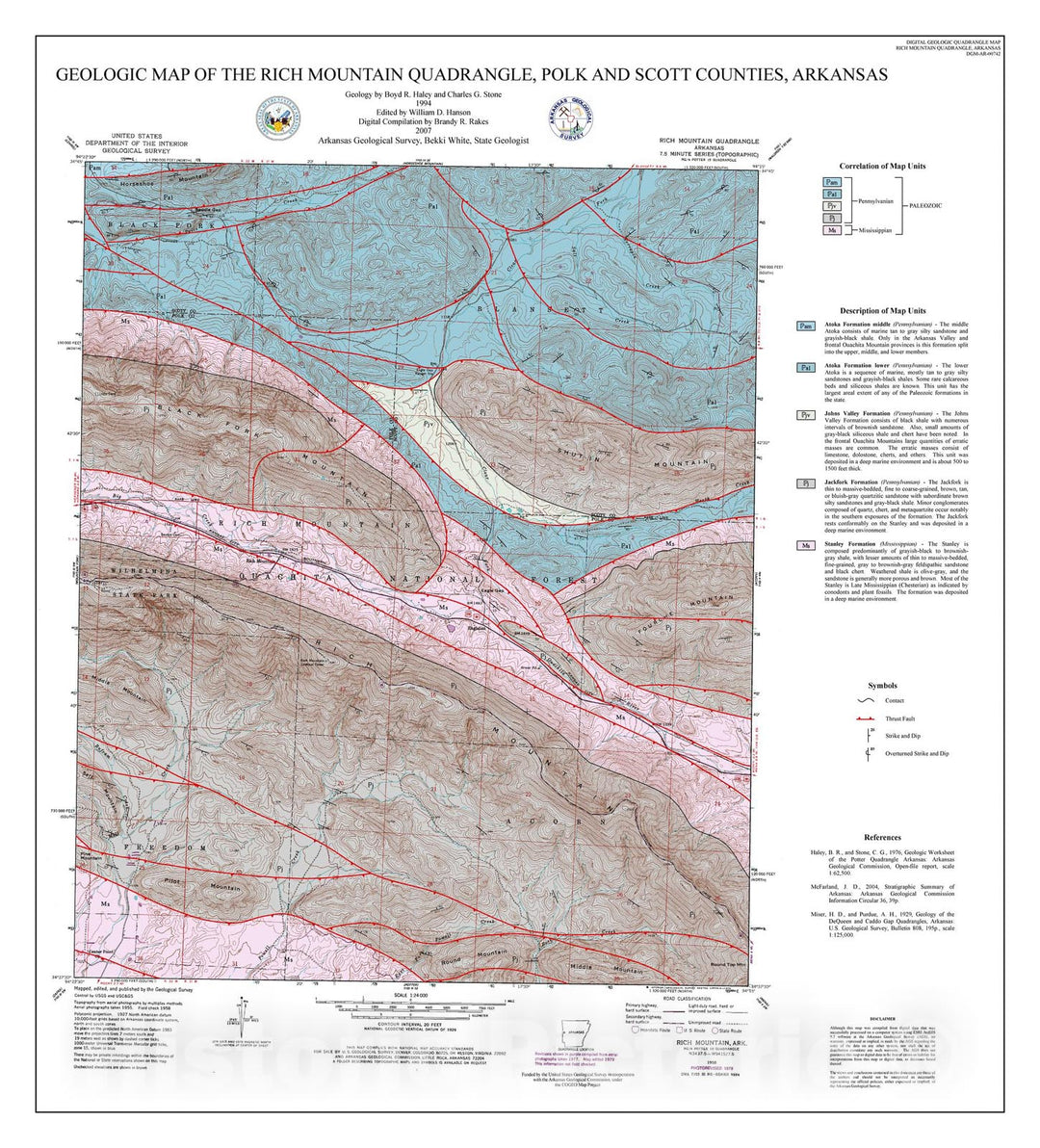 Map : Geologic map of the Rich Mountain Quadrangle, Polk and Scott counties, Arkansas, 2007 Cartography Wall Art :