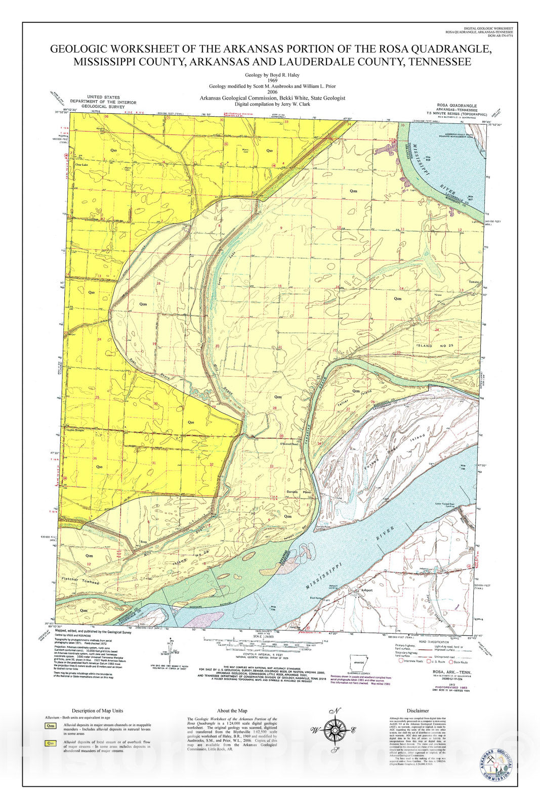 Map : Geologic worksheet of the Arkansas portion of the Rosa Quadrangle, Mississippi County, Arkansas, and Lauderdale County, Tennessee, 2006 Cartography Wall Art :