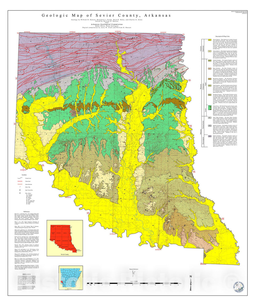 Map : Geologic map of Sevier County, Arkansas, 2005 Cartography Wall Art :