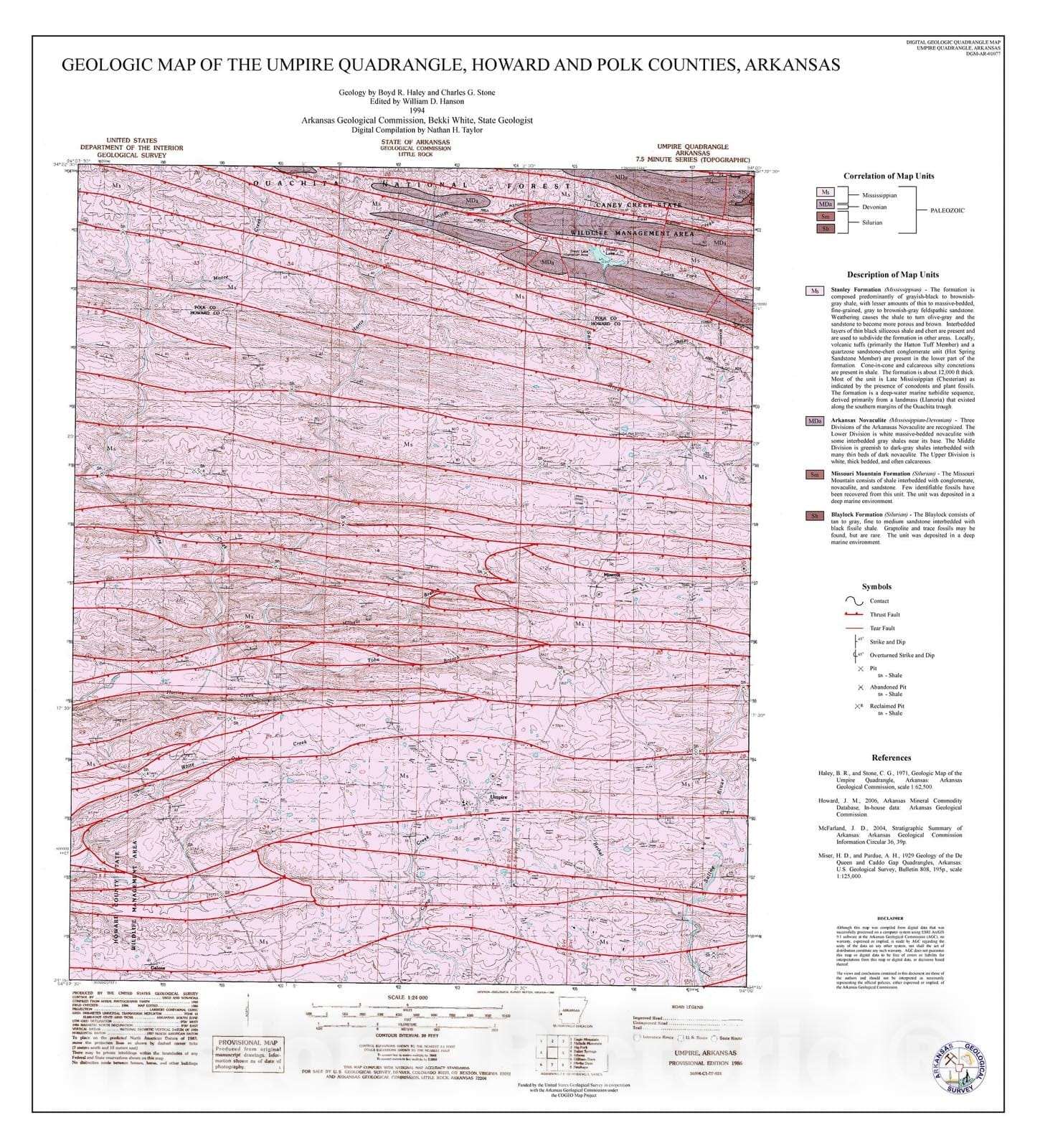 Map : Geologic map of the Umpire Quadrangle, Howard and Polk counties, Arkansas, 1994 Cartography Wall Art :