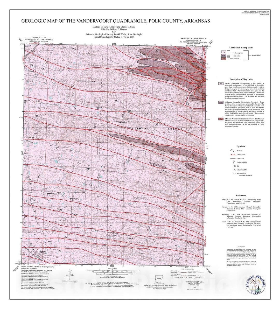 Map : Geologic map of the Vandervoort Quadrangle, Polk County, Arkansas, 2007 Cartography Wall Art :