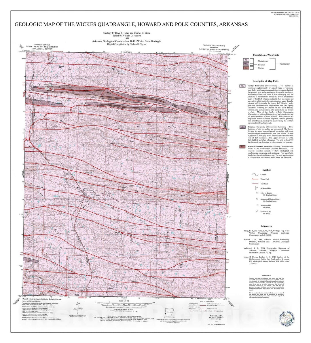 Map : Geologic map of the Wickes Quadrangle, Howard and Polk counties, Arkansas, 1994 Cartography Wall Art :