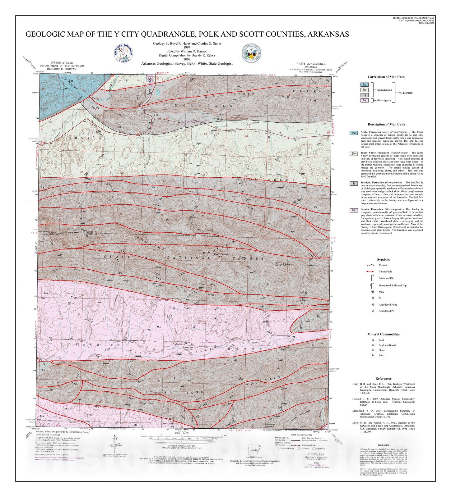 Map : Geologic map of the Y City Quadrangle, Polk and Scott counties, Arkansas, 2007 Cartography Wall Art :