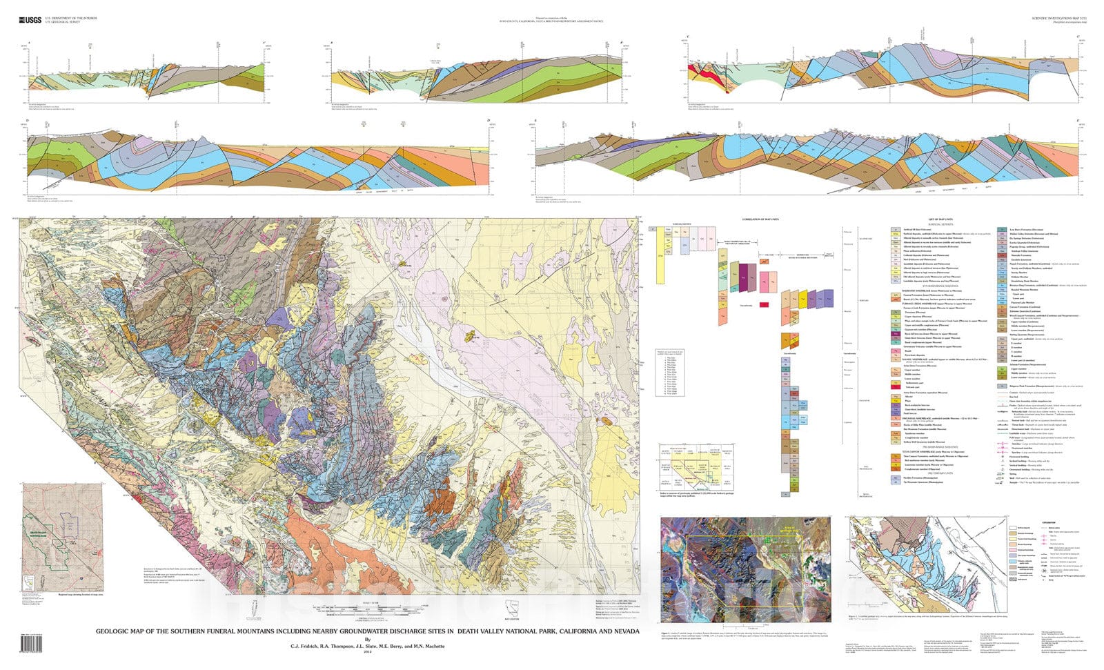 Map : Geologic map of the southern Funeral Mountains including nearby groundwater discharge sites in Death Valley National Park, California and Nevada, 2012 Cartography Wall Art :