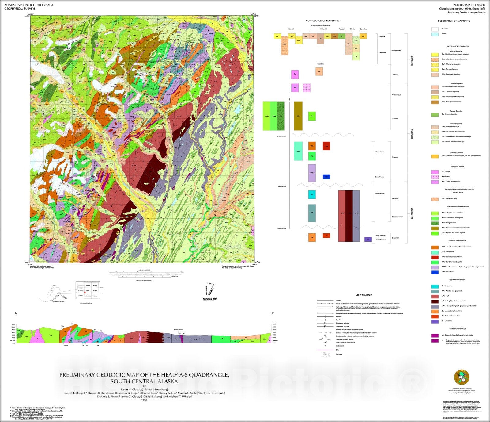 Map : Preliminary geologic map of the Healy A-6 Quadrangle, south-central Alaska, 1999 Cartography Wall Art :