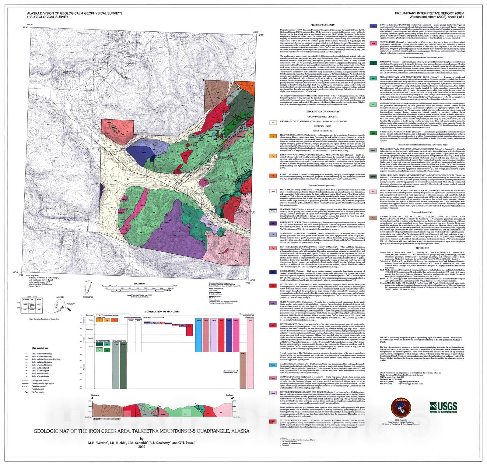 Map : Geologic map of the Iron Creek area, Talkeetna Mountains B-5 Quadrangle, Alaska, 2002 Cartography Wall Art :