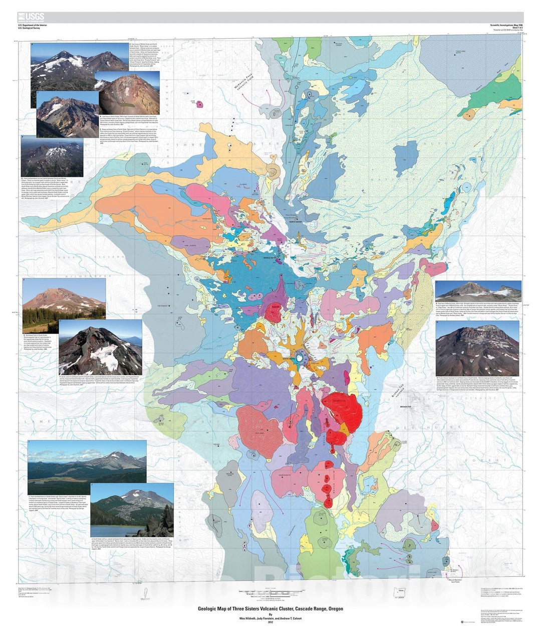 Map : Geologic map of the Three Sisters volcanic cluster, Cascade Range, Oregon, 2013 Cartography Wall Art :