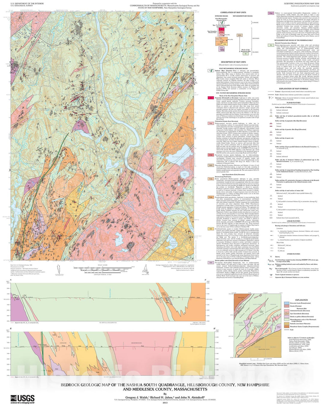 Map : Bedrock geologic map of the Nashua South quadrangle, Hillsborough County, New Hampshire, and Middlesex County, Massachusetts, 2013 Cartography Wall Art :