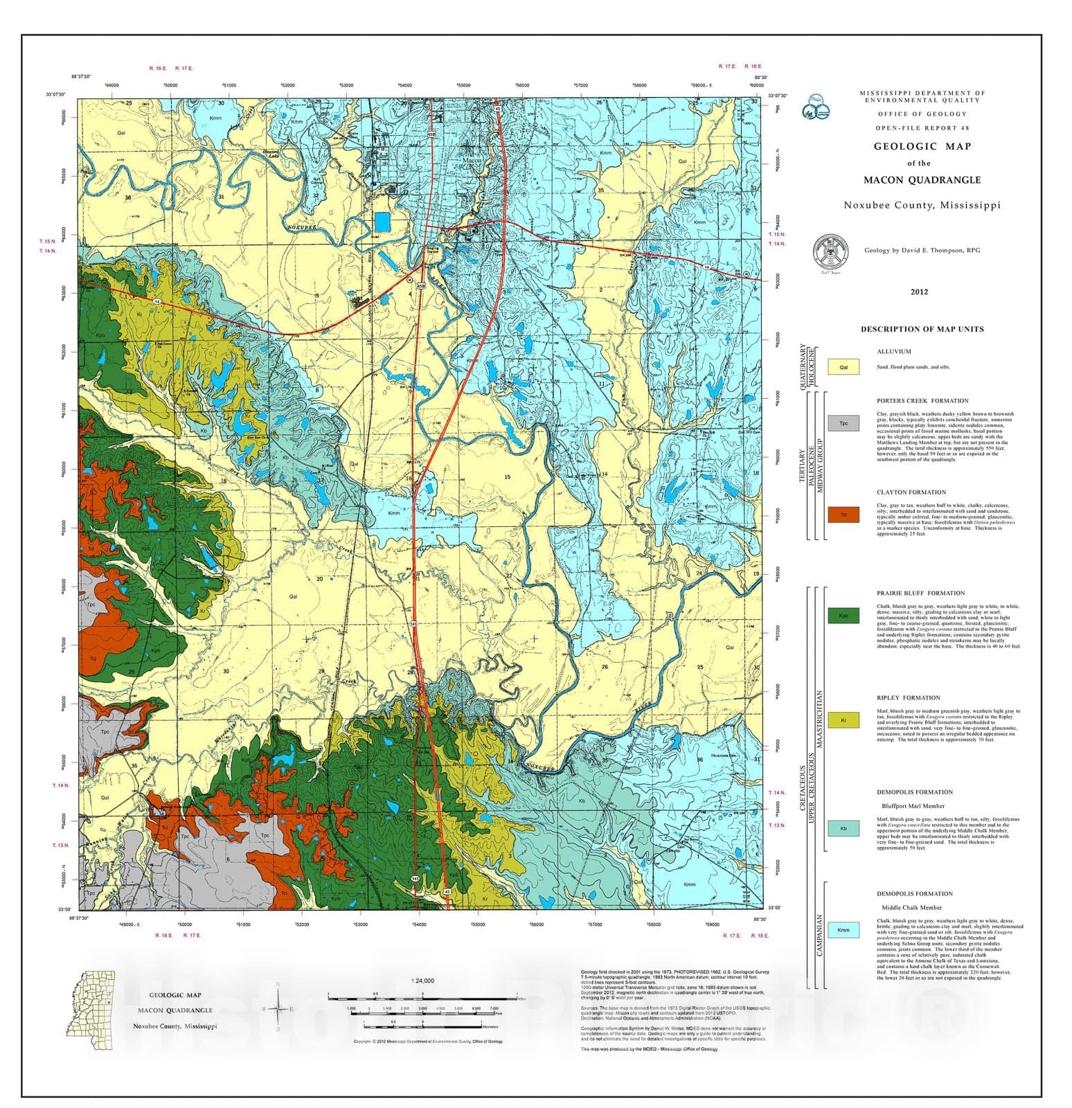 Map : Geologic map of the Macon quadrangle, Noxubee County, Mississippi, 2012 Cartography Wall Art :