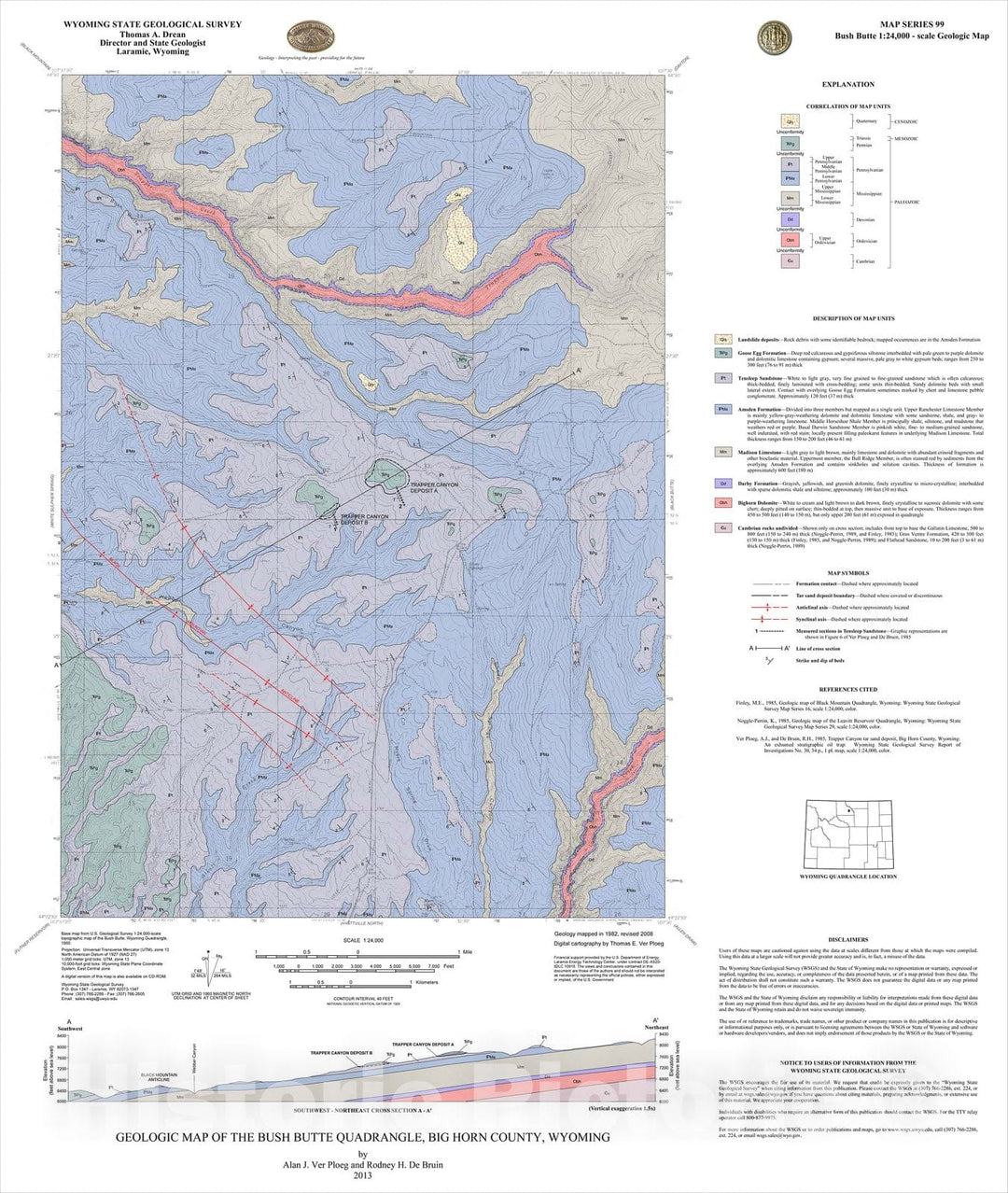 Map : Geologic map of the Bush Butte quadrangle, Big Horn County, Wyoming, 2013 Cartography Wall Art :