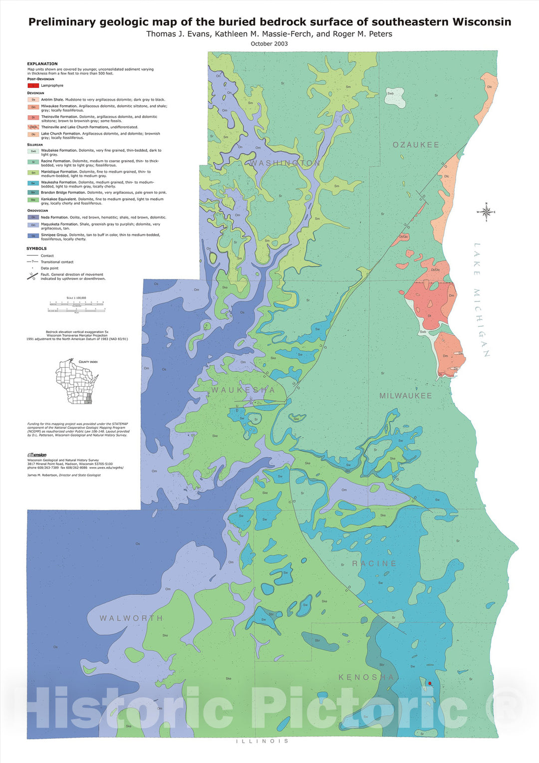 Map : Preliminary geologic map of the buried bedrock surface of southeastern Wisconsin, 2003 Cartography Wall Art :