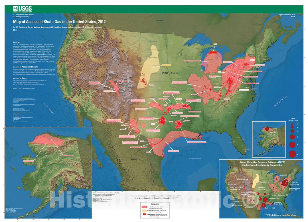 Map : Map of assessed shale gas in the United States, 2012, 2013 Cartography Wall Art :