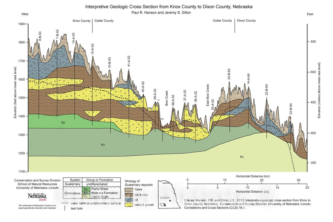 Map : Three geologic cross sections across portions of eastern Nebraska showing Quaternary lithologic units and stratigraphy of uppermost bedrock, 2012 Cartography Wall Art :