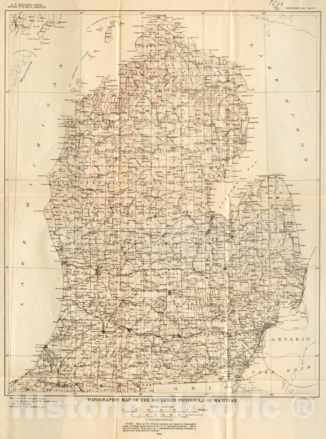 Map : The Pleistocene of Indiana and Michigan and the history of the Great Lakes, 1915 Cartography Wall Art :