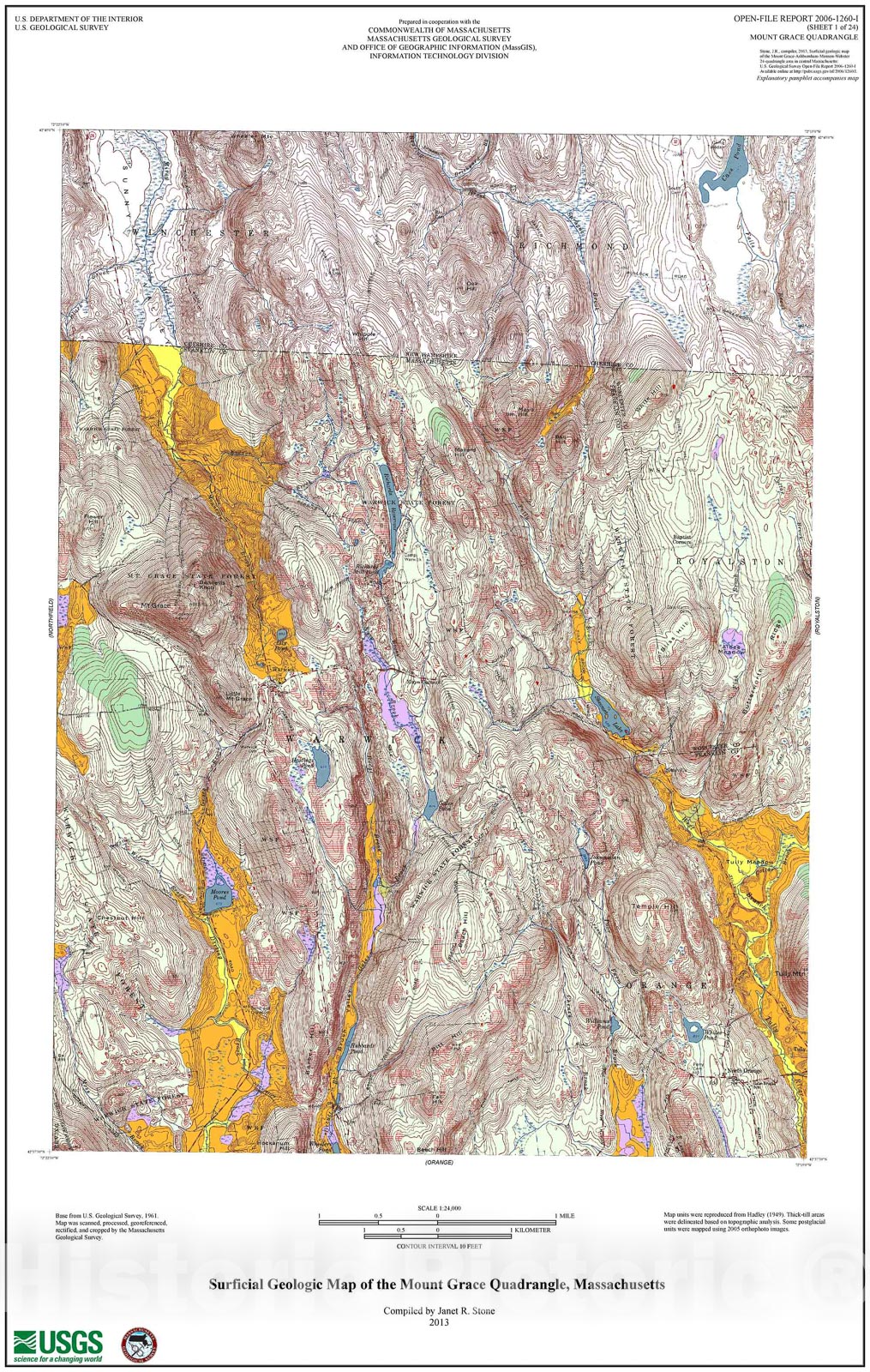 Map : Surficial geologic map of the Mount Grace-Ashburnham-Monson-Webster 24-quadrangle area in central Massachusetts, 2013 Cartography Wall Art :