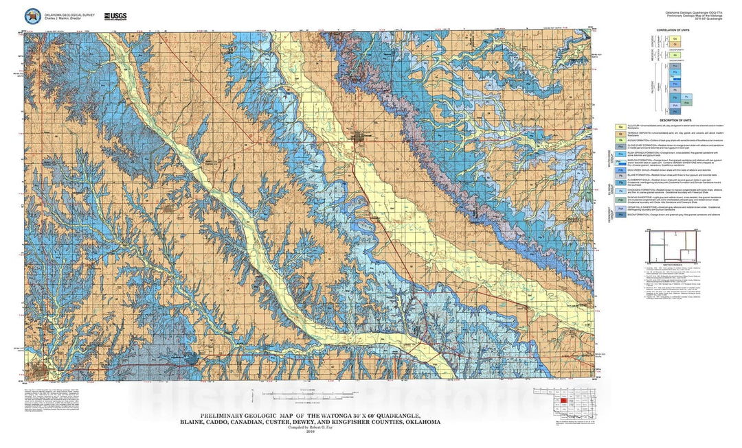 Map : Preliminary geologic map of the Watonga 30' x 60' quadrangle, Blaine, Caddo, Canadian, Custer, Dewey, and Kingfisher Counties, Oklahoma, 2010 Cartography Wall Art :