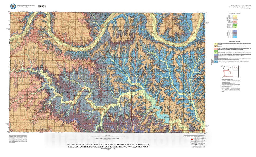 Map : Preliminary geologic map of the Foss Reservoir 30' x 60' quadrangle, Beckham, Custer, Dewey, Ellis, and Roger Mills Counties, Oklahoma, 2010 Cartography Wall Art :