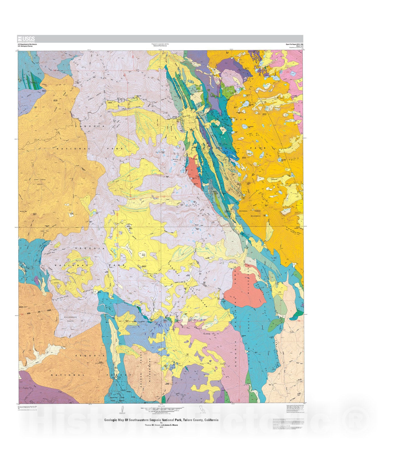 Map : Geologic map of southwestern Sequoia National Park, Tulare County, California, 2013 Cartography Wall Art :