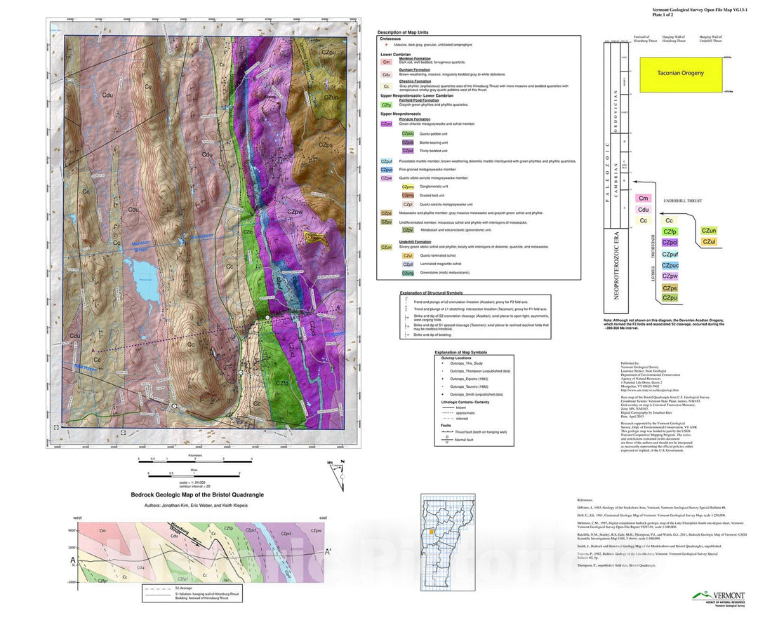 Map : Bedrock geologic map of the Bristol, VT quadrangle, 2013 Cartography Wall Art :