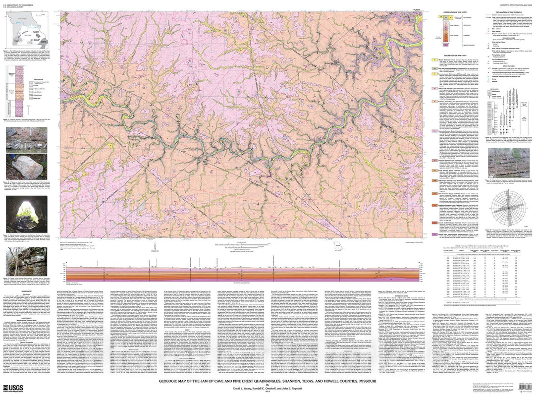 Map : Geologic map of the Jam Up Cave and Pine Crest quadrangles, Shannon, Texas, and Howell Counties, Missouri, 2013 Cartography Wall Art :