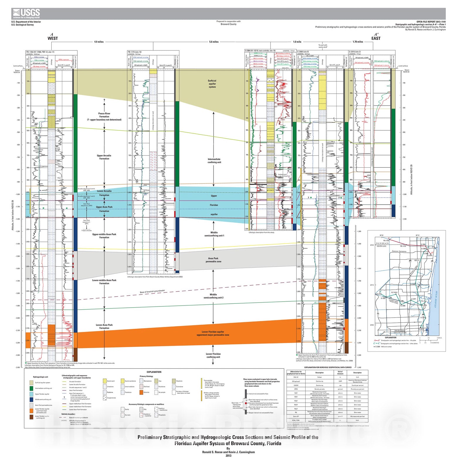 Map : Preliminary stratigraphic and hydrogeologic cross sections and seismic profile of the Floridan aquifer system of Broward County, Florida, 2013 Cartography Wall Art :