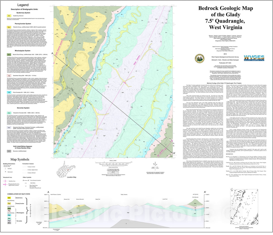 Map : Bedrock Geologic Map of the Glady 7.5' Quadrangle, West Virginia, 2012 Cartography Wall Art :