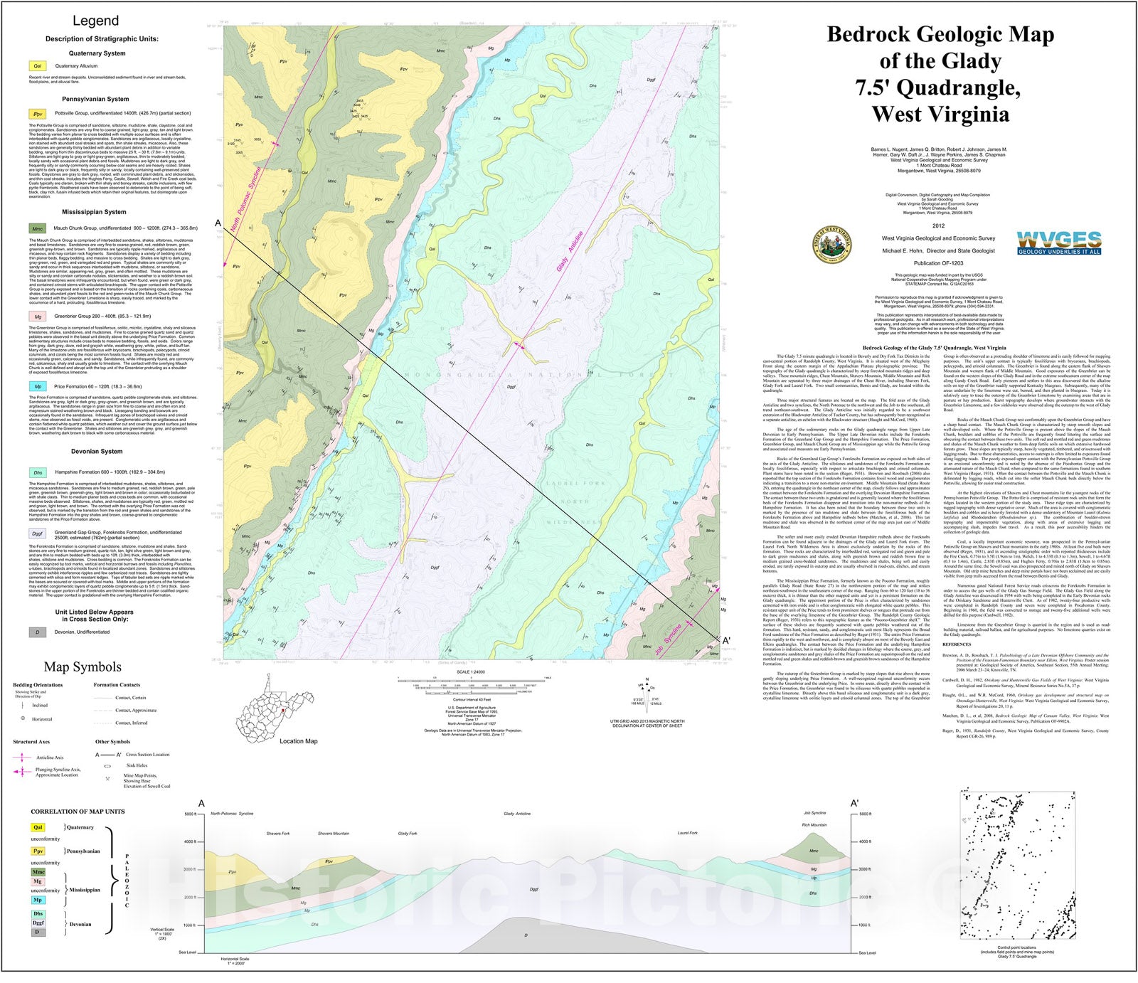 Map : Bedrock Geologic Map of the Glady 7.5' Quadrangle, West Virginia, 2012 Cartography Wall Art :