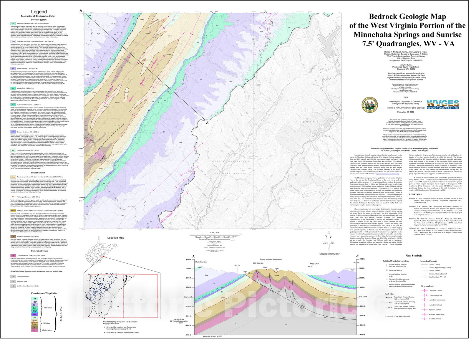 Map : Bedrock Geologic Map of the West Virginia Portion of the Minnehaha Springs and Sunrise 7.5' Quadrangles, WV-VA, 2013 Cartography Wall Art :