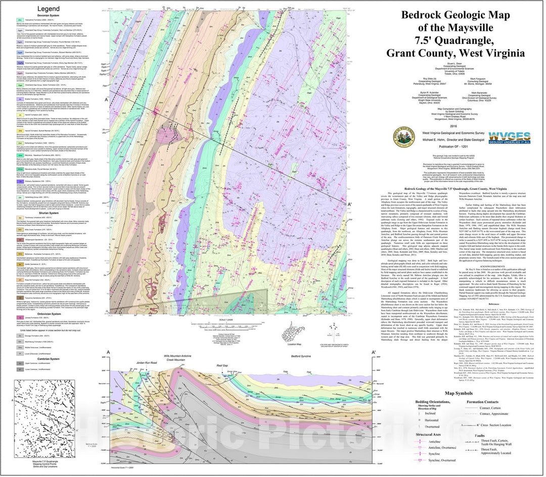 Map : Bedrock Geologic Map of the Maysville 7.5' Quadrangle, Grant County, West Virginia (revised 2016), 2012 Cartography Wall Art :