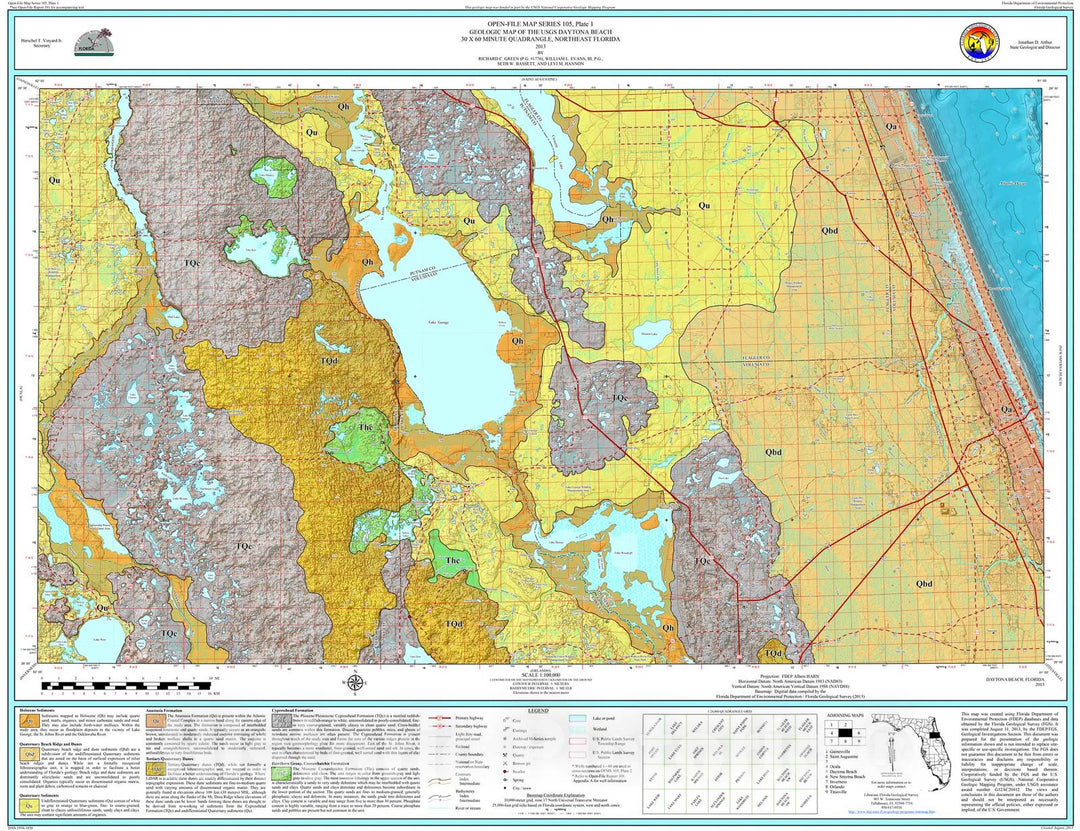 Map : Geologic map of the USGS Daytona Beach thirty x sixty minute quadrangle, northeast Florida [3 plates], 2013 Cartography Wall Art :