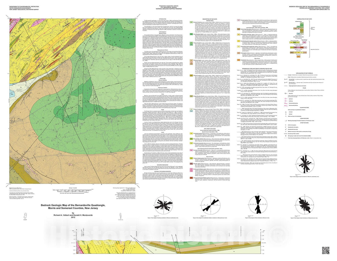 Map : Bedrock geologic map of the Bernardsville quadrangle, Morris and Somerset counties, New Jersey, 2012 Cartography Wall Art :