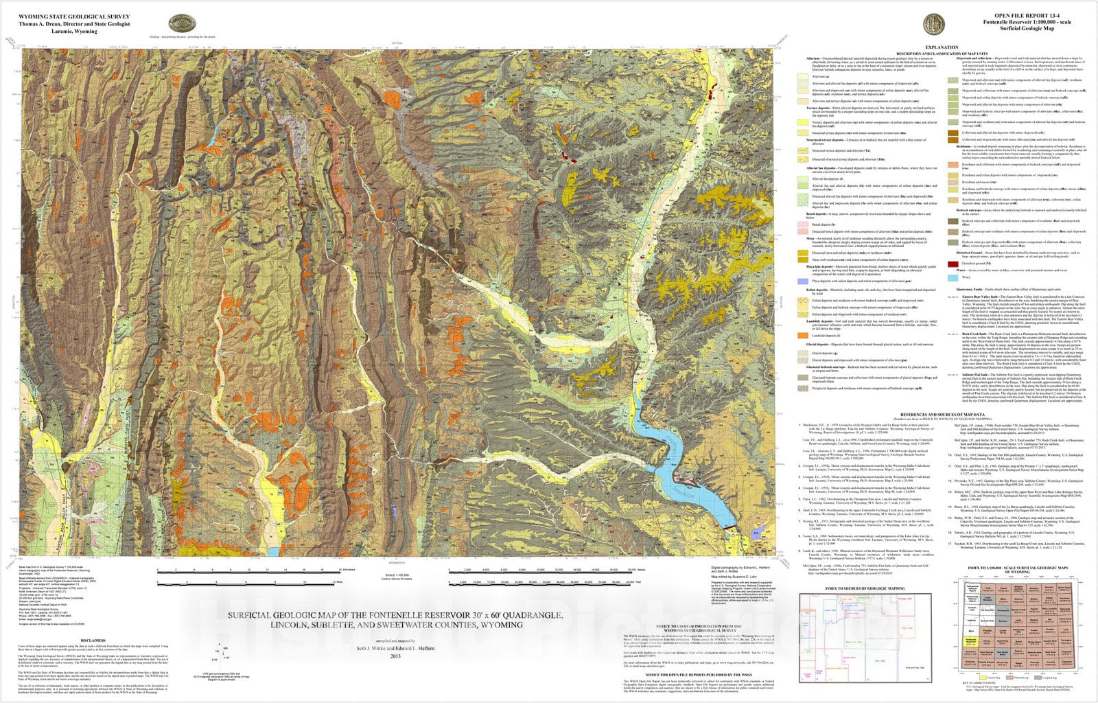 Map : Surficial Geologic Map of the Fontenelle Reservoir 30' x 60' Quadrangle, Lincoln, Sublette, and Sweetwater Counties, Wyoming., 2013 Cartography Wall Art :