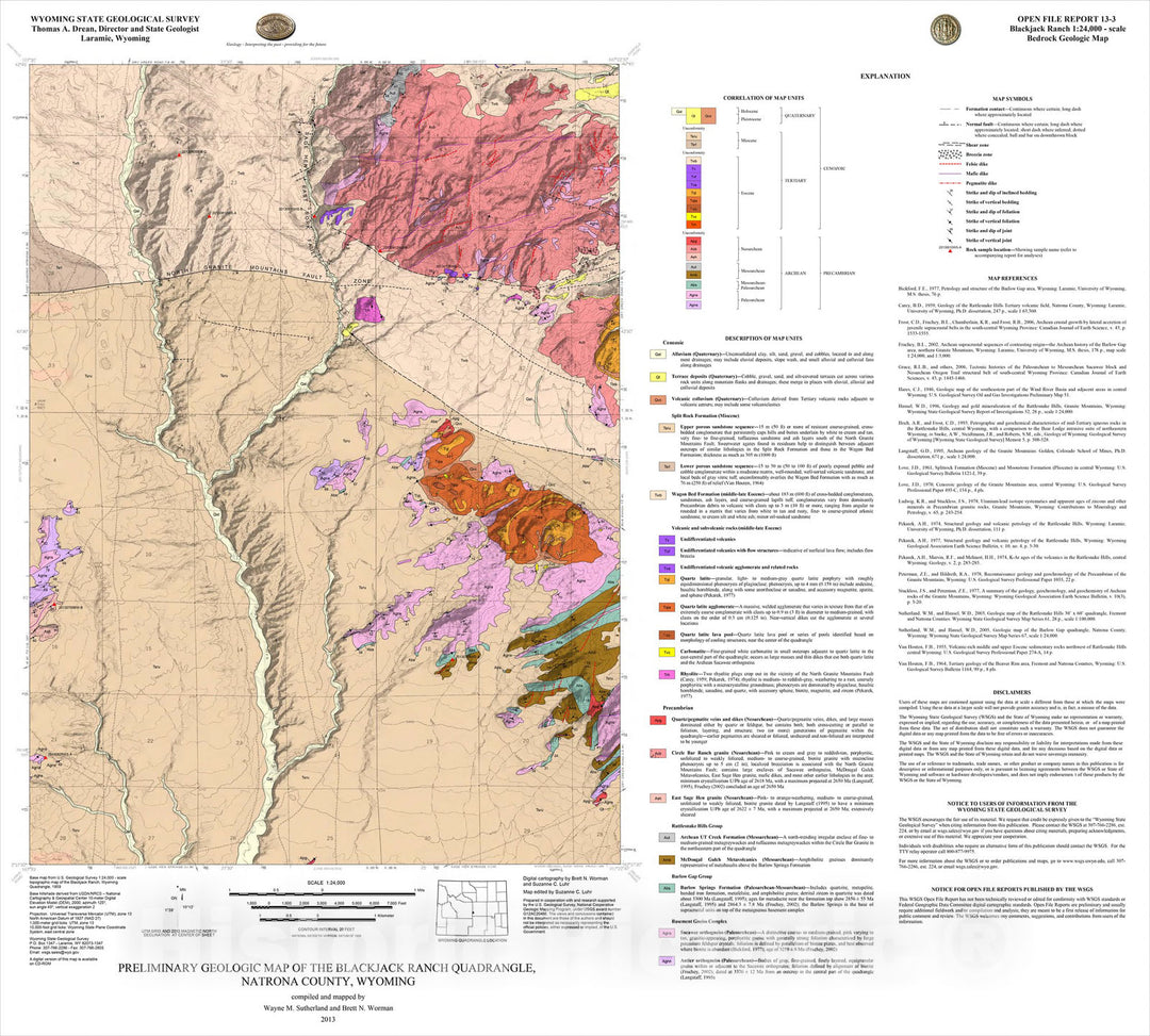 Map : Preliminary Geologic Map of the Blackjack Ranch 7.5' Quadrangle, Natrona County, Wyoming., 2013 Cartography Wall Art :