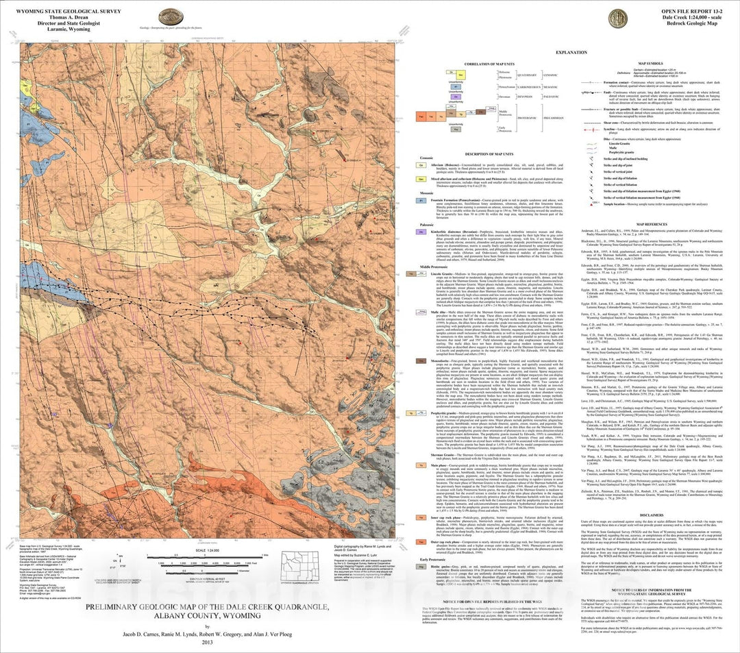 Map : Preliminary Geologic Map of the Dale Creek 7.5' Quadrangle, Albany County, Wyoming, 2013 Cartography Wall Art :